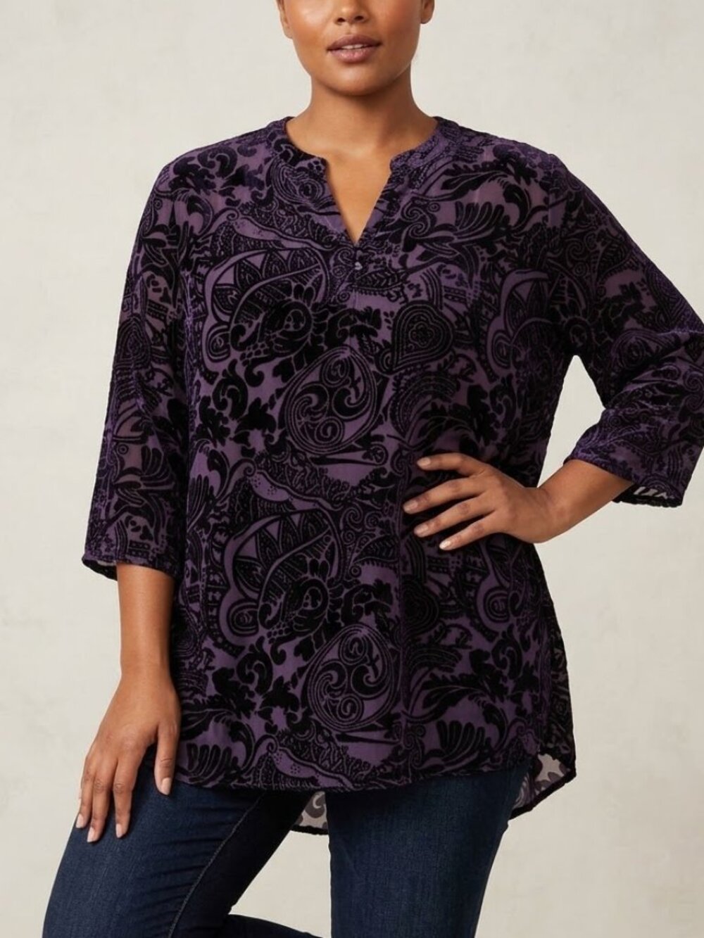 Chico's Velvet Burnout Purple Paisley Sheer Tunic Blouse Sz 2/Large Whimsigoth